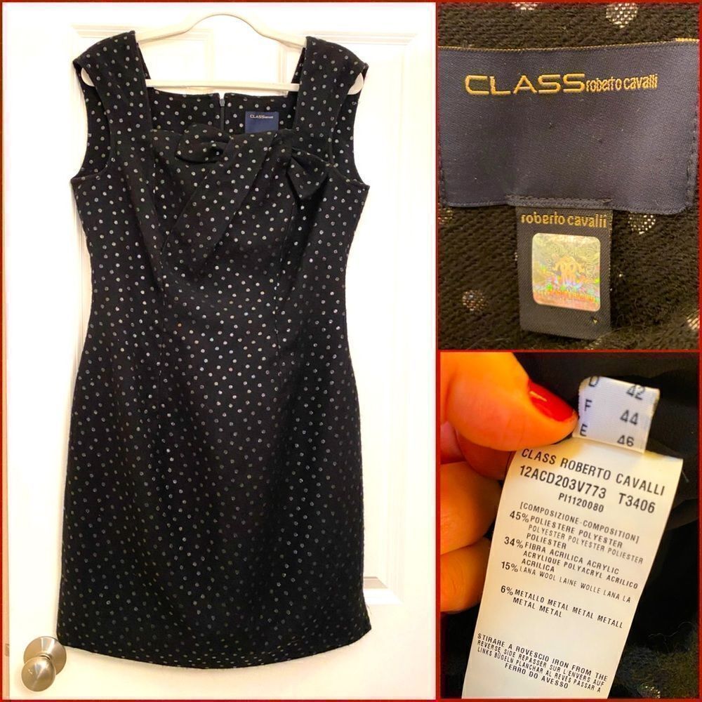 Class by Roberto Cavalli black dress with silver polka dots size USA 14